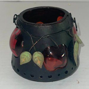 Candle Jar Lamp Shade Vintage Red Glass Metal Wrapped Apple & Leaves design..